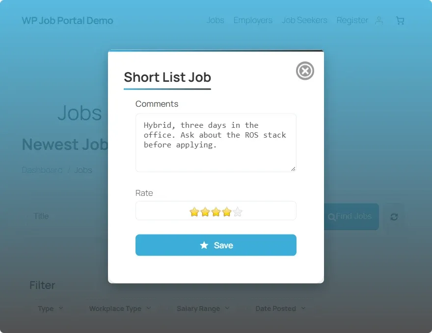 The Short List Job window with a comment and four stars selected