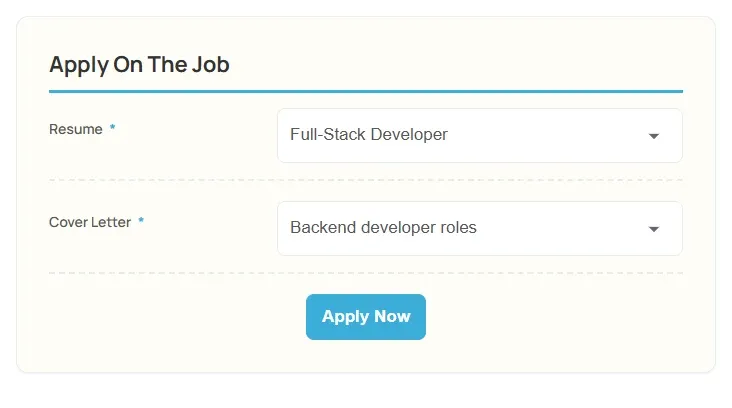 The Apply On The Job form at the bottom of a job page, with a resume and a cover letter chosen