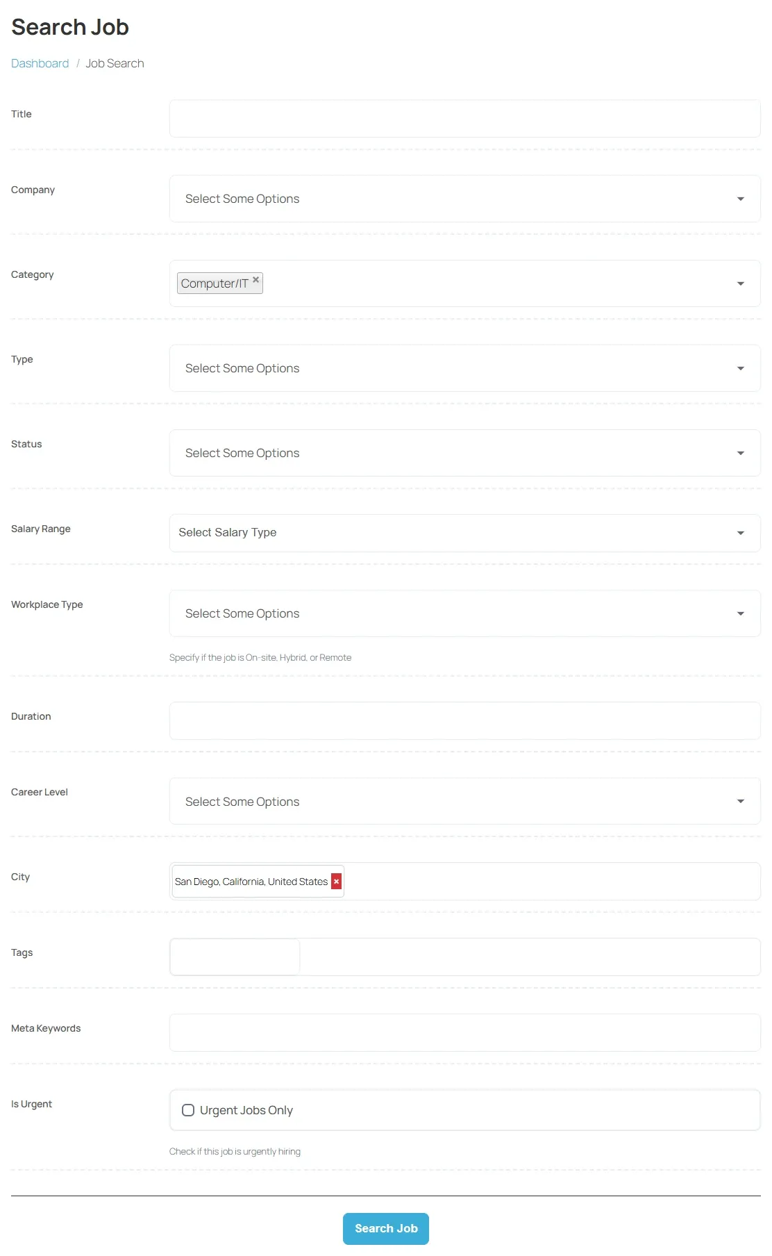 The Search Job form with Computer/IT chosen as the category and San Diego as the city