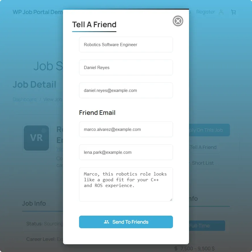 The Tell A Friend window with your name and email, two friend emails and a message filled in