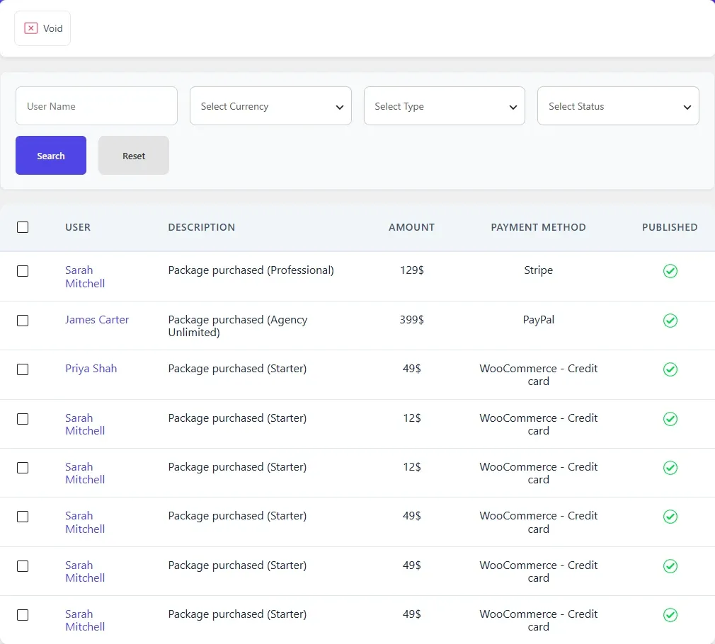 The Invoices list in wp-admin with the search and filter bar above package invoices paid through Stripe, PayPal and WooCommerce
