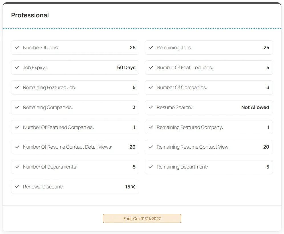 An employer’s Professional package under My Packages, showing Number Of Jobs next to Remaining Jobs and the Ends On date