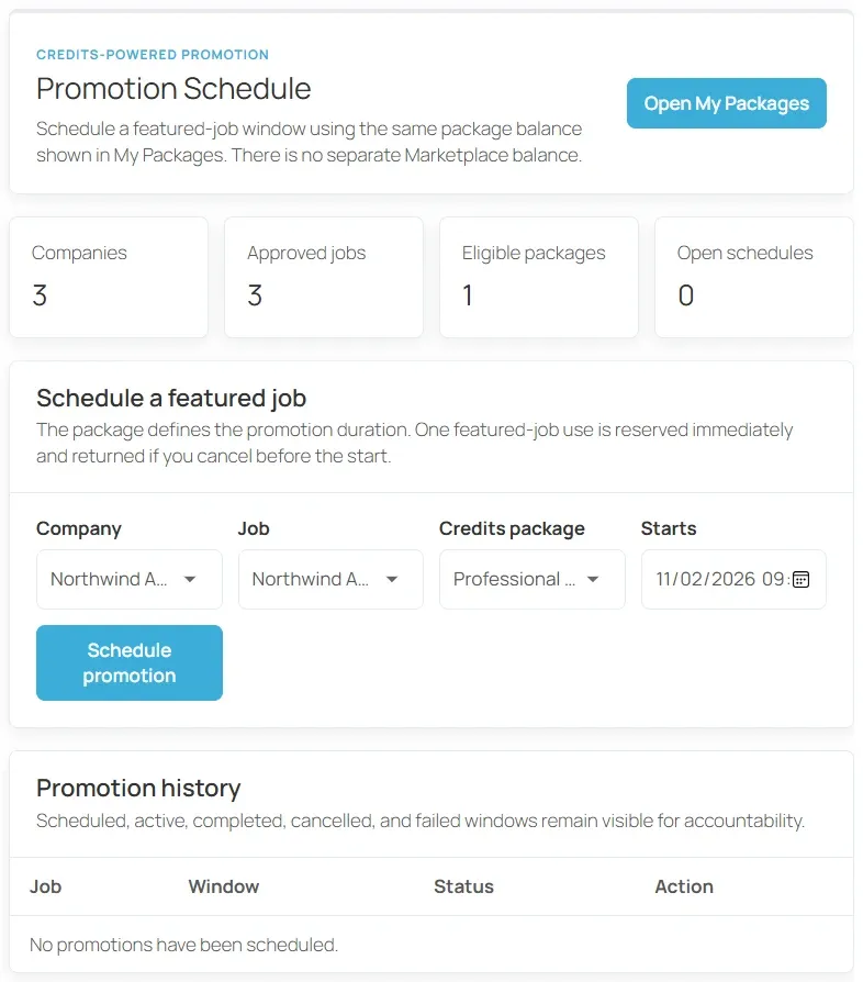 The employer Promotion Schedule screen with a company, job, package and start time chosen in the Schedule a featured job form