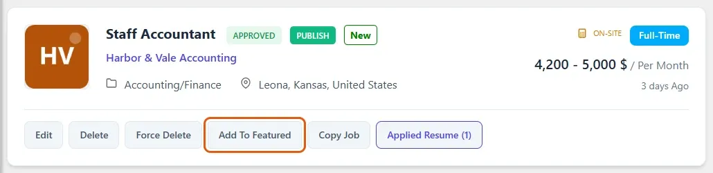 A job in the admin jobs list with its Add To Featured button highlighted