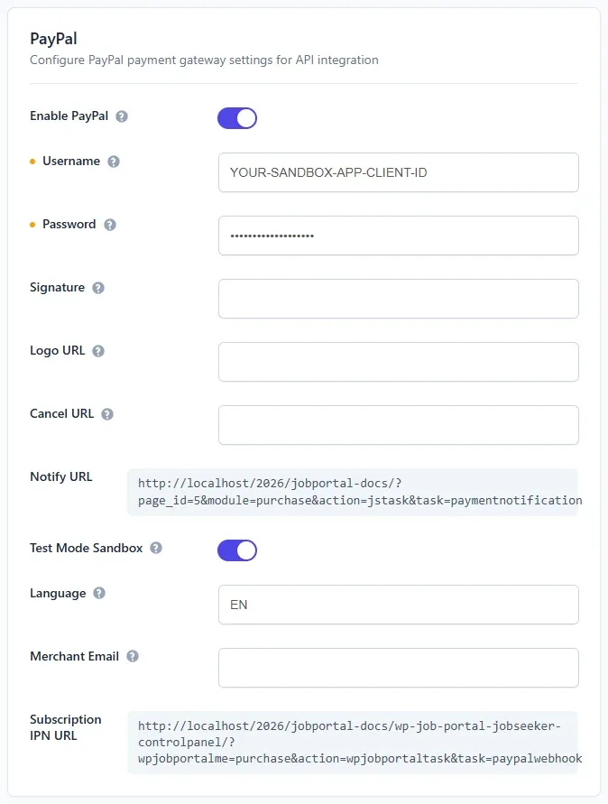 The PayPal group on the Payment Gateways tab with Enable PayPal and Test Mode Sandbox on, and placeholder sandbox credentials in Username and Password