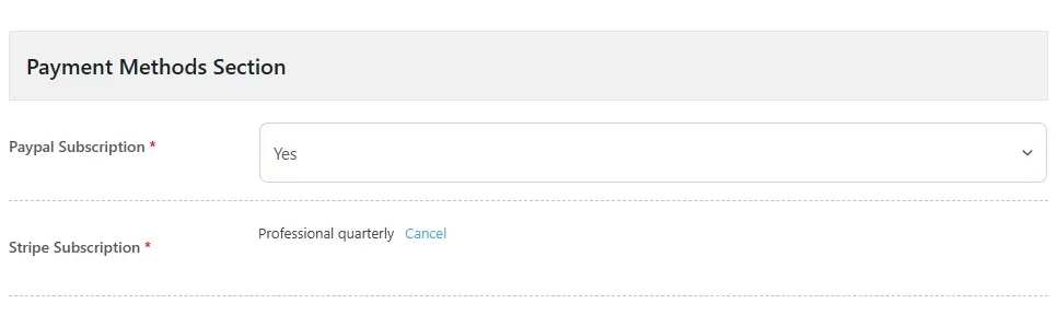 The Payment Methods Section of a package, with Paypal Subscription set to Yes and a linked Stripe plan shown with its Cancel link