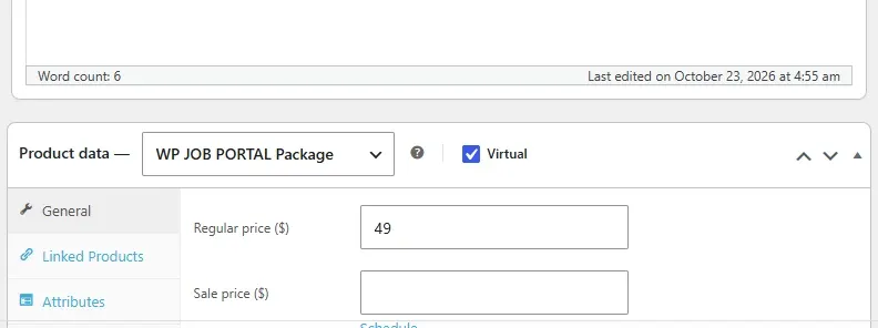 The WooCommerce Product data box set to WP JOB PORTAL Package and Virtual, with the Starter package chosen in WP Job Portal package