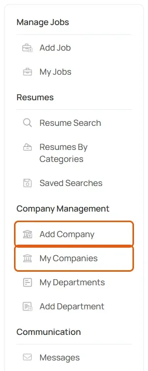 The employer dashboard menu with Add Company and My Companies under Company Management