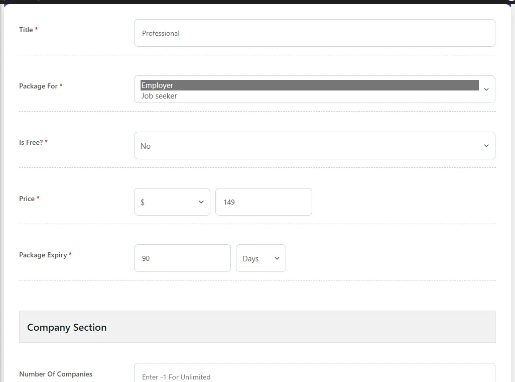 The top of the Add New Package form with Title, Package For, Is Free, Currency, Price and Package Expiry filled in
