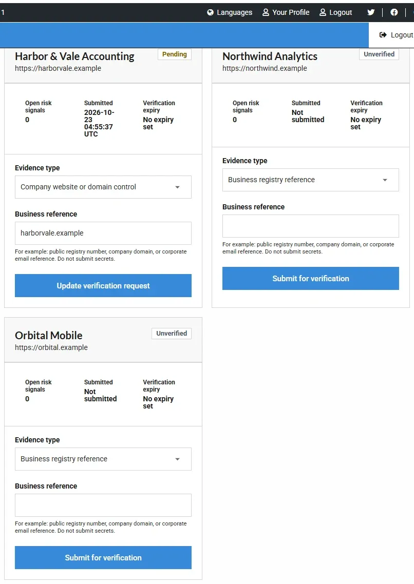 The employer Company Verification screen with one company waiting for review and another ready to submit, each with Evidence type and Business reference