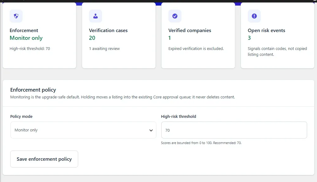 The Trust & Safety screen with the Enforcement, Verification cases, Verified companies and Open risk events cards above the Enforcement policy form