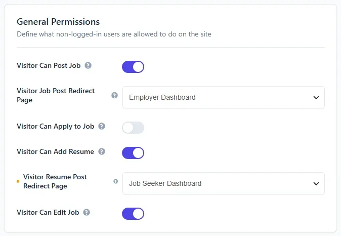 The General Permissions group on the Visitors tab with Visitor Can Post Job turned on and the Visitor Job Post Redirect Page chosen