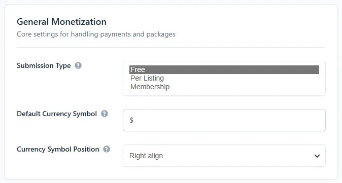 The General Monetization group on the Monetization tab with the Submission Type list showing Free, Per Listing and Membership