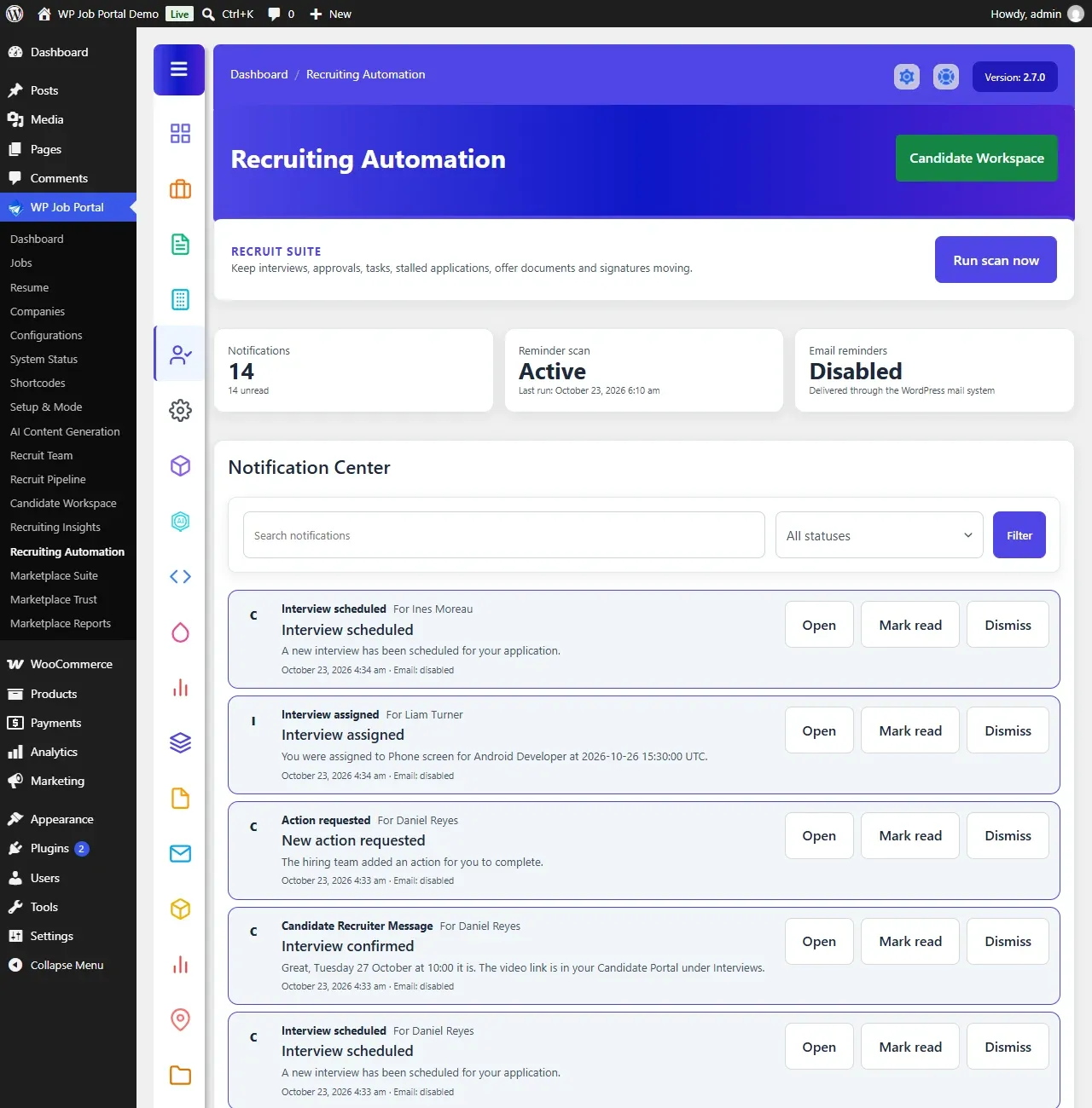 Recruiting Automation in wp-admin with the status cards, the Notification Center and the automation settings