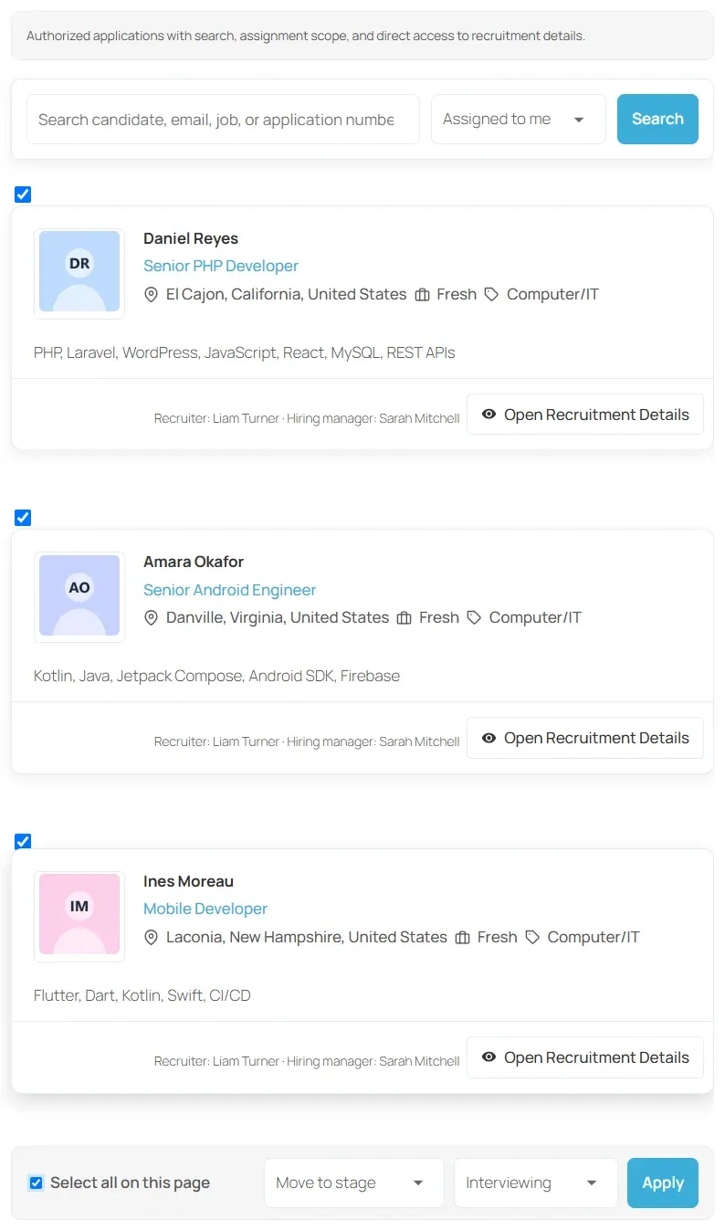 Assigned Candidates with three candidates ticked and Move to stage, Interviewing, chosen in the bulk bar