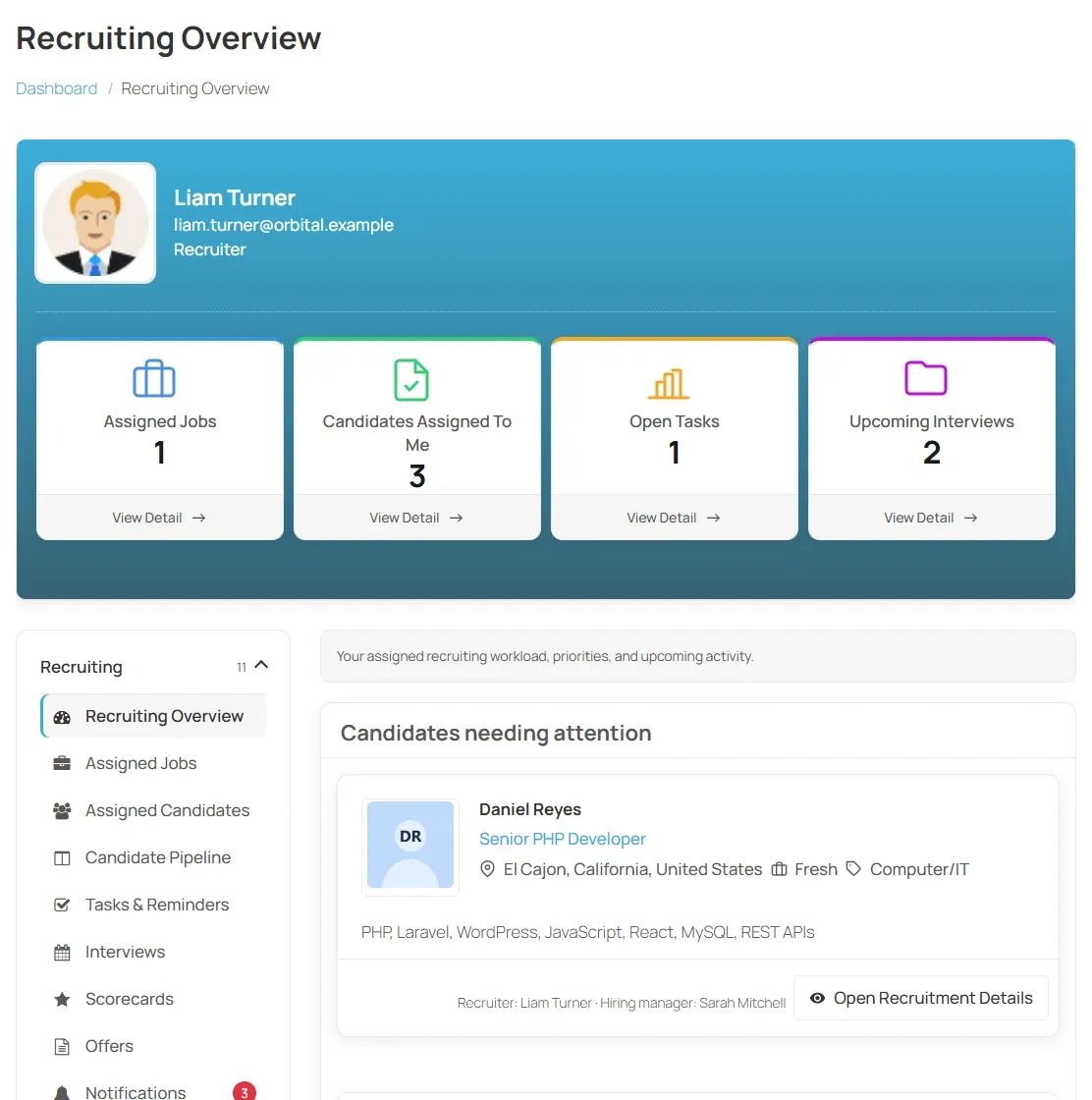Recruiting Overview in the employer dashboard for recruiter Liam Turner, with the Recruiting menu and counts for assigned jobs, candidates, open tasks and upcoming interviews