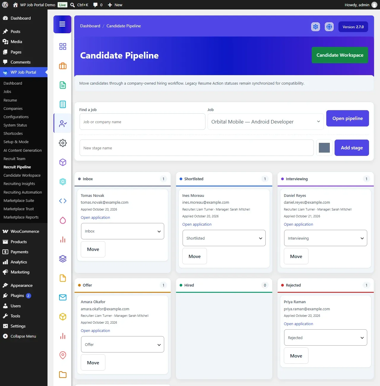 Recruit Pipeline in wp-admin for the Android Developer job, with candidates in the Inbox, Shortlisted, Interviewing, Offer and Rejected stages