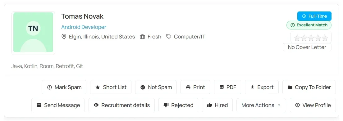 Applicant card on the Android Developer applicants list with the Short List, Mark Spam, Hired and Rejected buttons