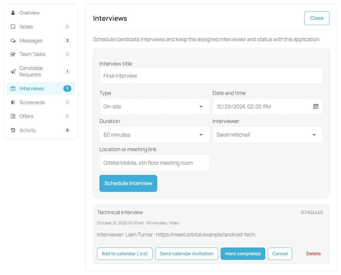 Interviews section for Daniel Reyes with one scheduled technical interview and the schedule form filled in for a final interview