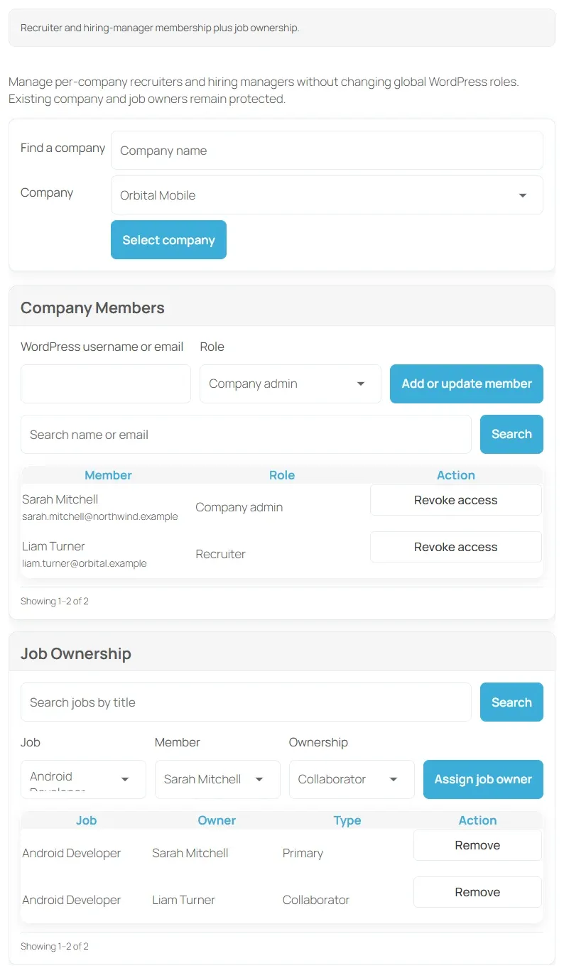 Recruiting Team page for Orbital Mobile, listing Sarah Mitchell and Liam Turner under Company Members and their jobs under Job Ownership